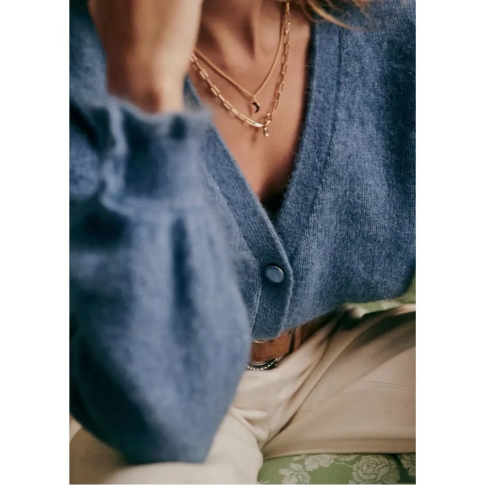 SEZANE Blue Mohair Wool Balloon Sleeve Oversized Mia V Neck Cardigan Sweater - Picture 7 of 16